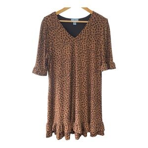 CeCe Leopard Print Dress Womens XL Short Sleeve Pullover Ruffle Hem V Neck